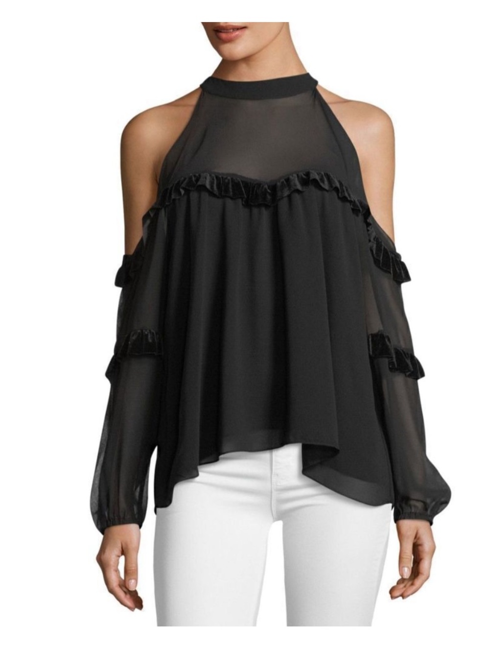 Misa Los Angeles Pippa Black Cold Shoulder Velvet Ruffle Blouse Size XS